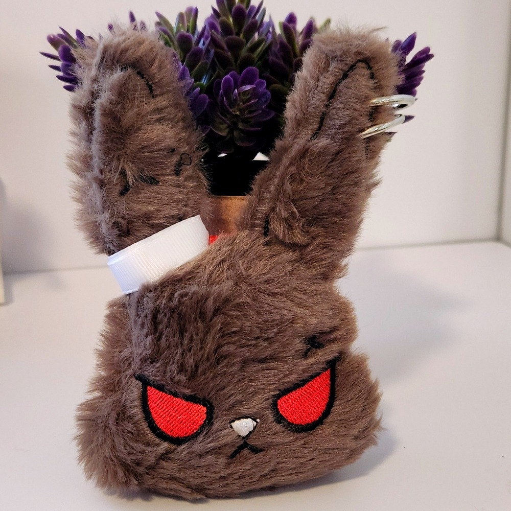 Brown Furry Grumpy Bunny Plush Keychain Red Eyes Pierced Ears Bag Charm 5.0"